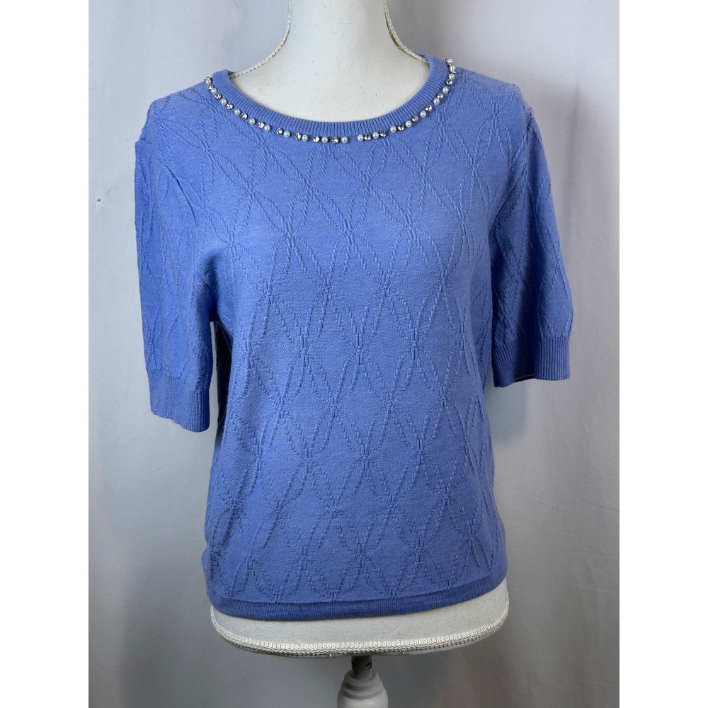 Nanette Lepore Periwinkle Blue Pearl Rhinestone Embellished Knit Sweater Medium
